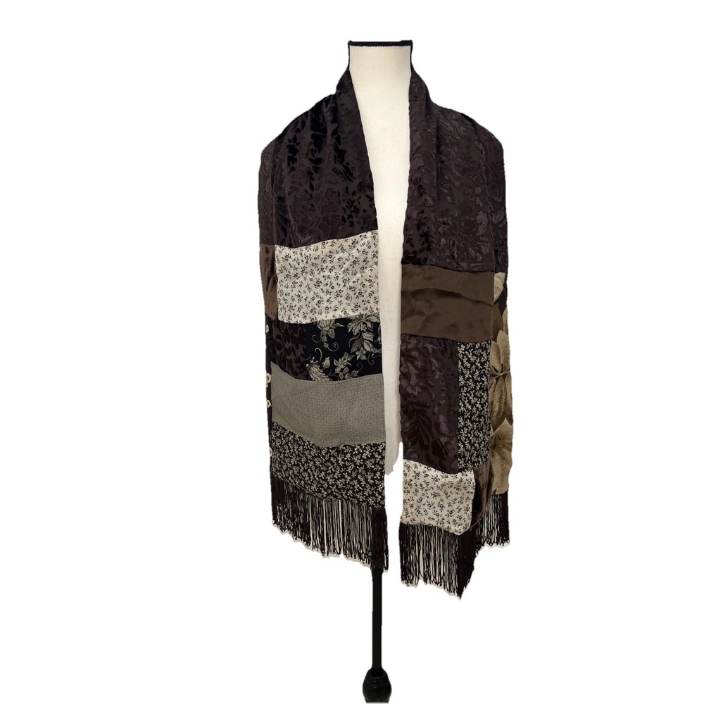 Henri Bendel New York Patchwork Fringe Shawl Burnout Velvet Floral Brown Wrap